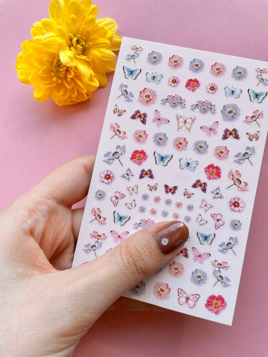 Nail stickers / Nail art / Pink and blue butterfly and flowers nail stickers / DIY Manicure Art Nails