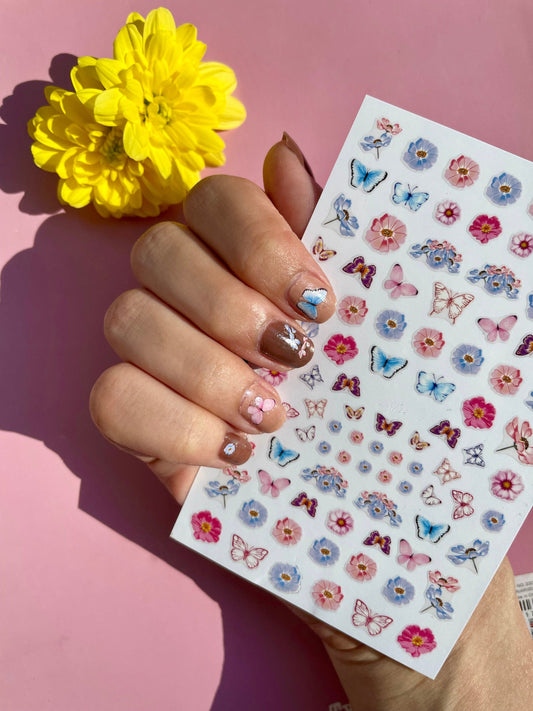 Nail stickers / Nail art / Pink and blue butterfly and flowers nail stickers / DIY Manicure Art Nails